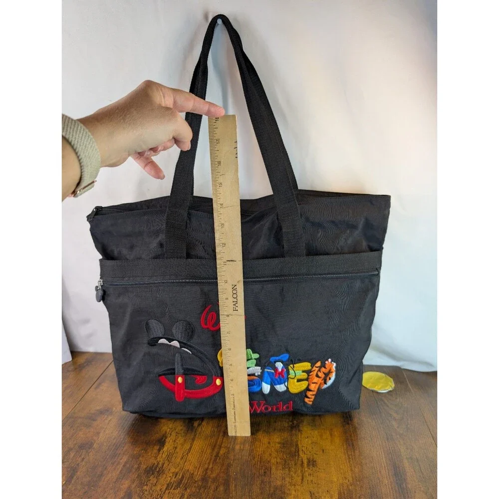 Vtg Walt Disney World Tote Bag Black Nylon Embroidered Character Spell Out Retro